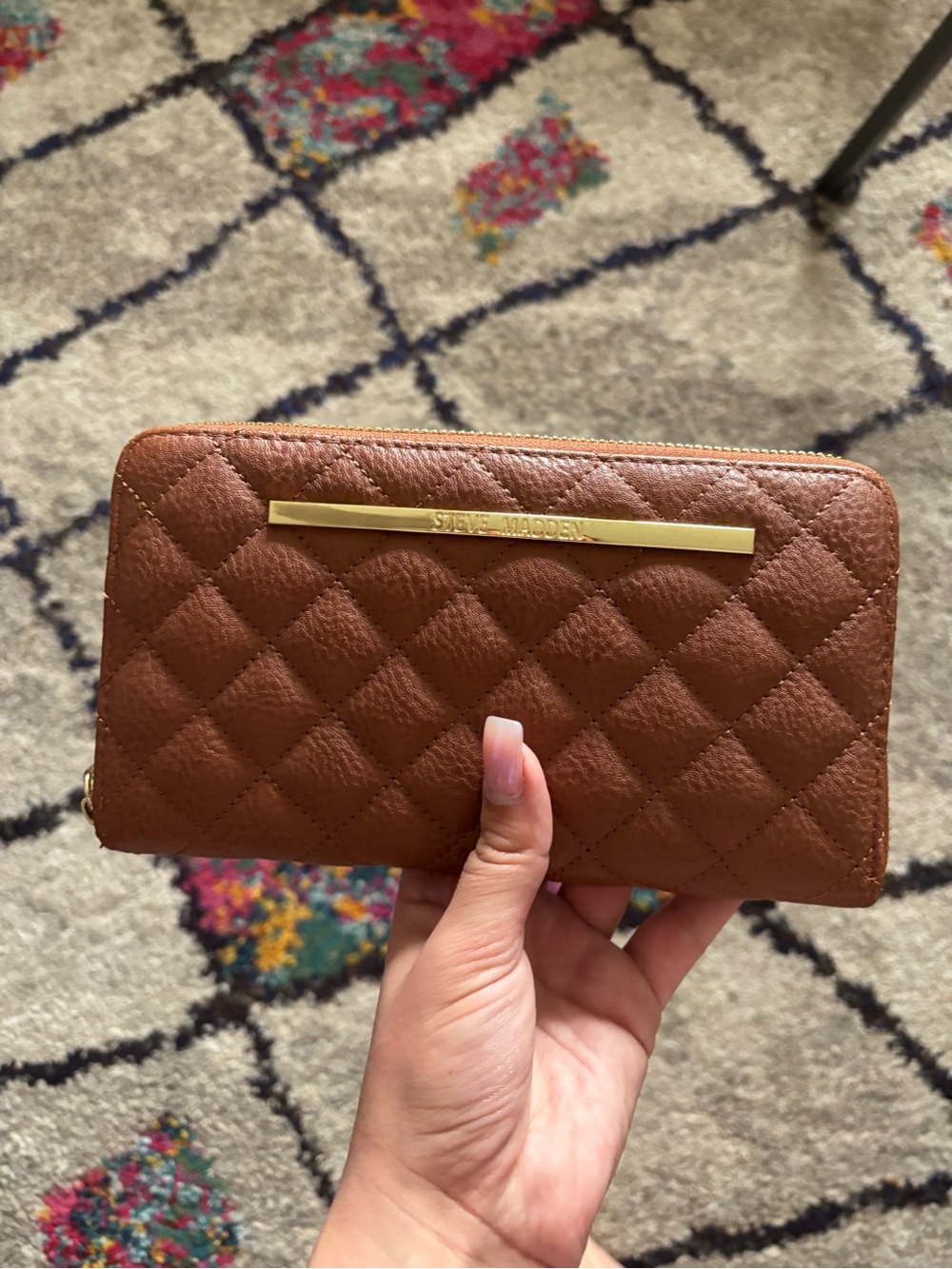 Steve Madden Quilted Zip-Around Wallet in Cognac Brown with Gold Accent